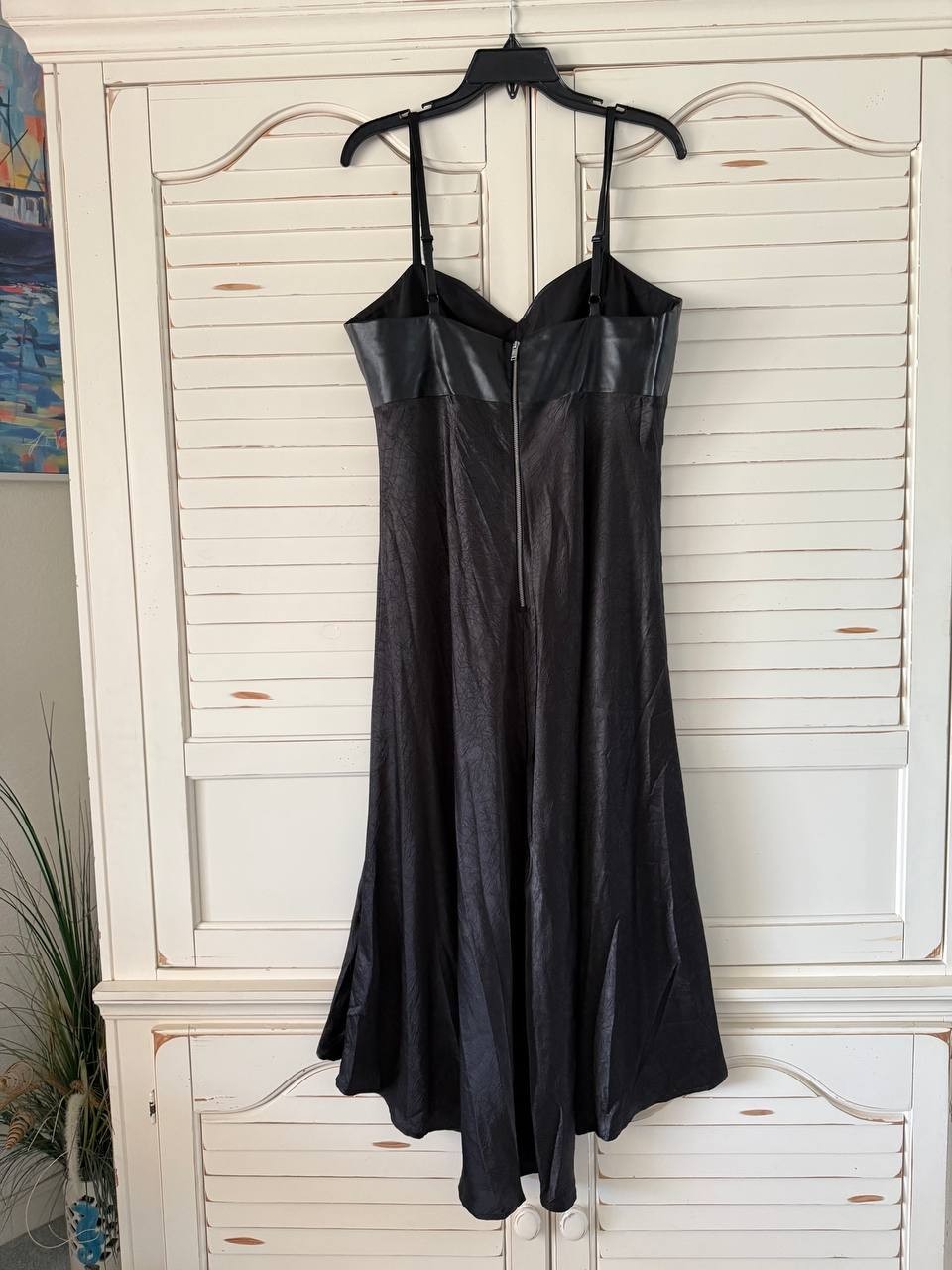 DKNY Dress 16 Black Mixed Media Midi Crewneck Short Sleeve Stretch Satin NWT