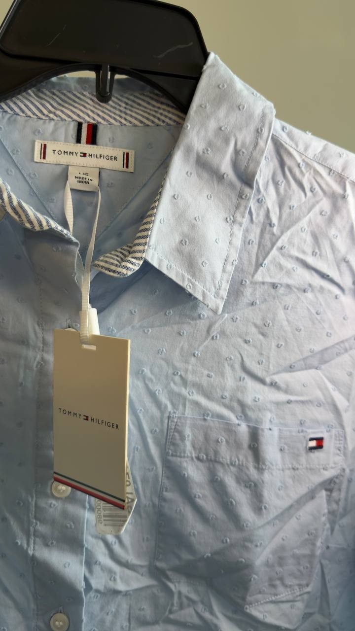 Tommy Hilfiger Women’s Clip Dot Roll‑Tab Collared Shirt Light Blue L NWT $74.50