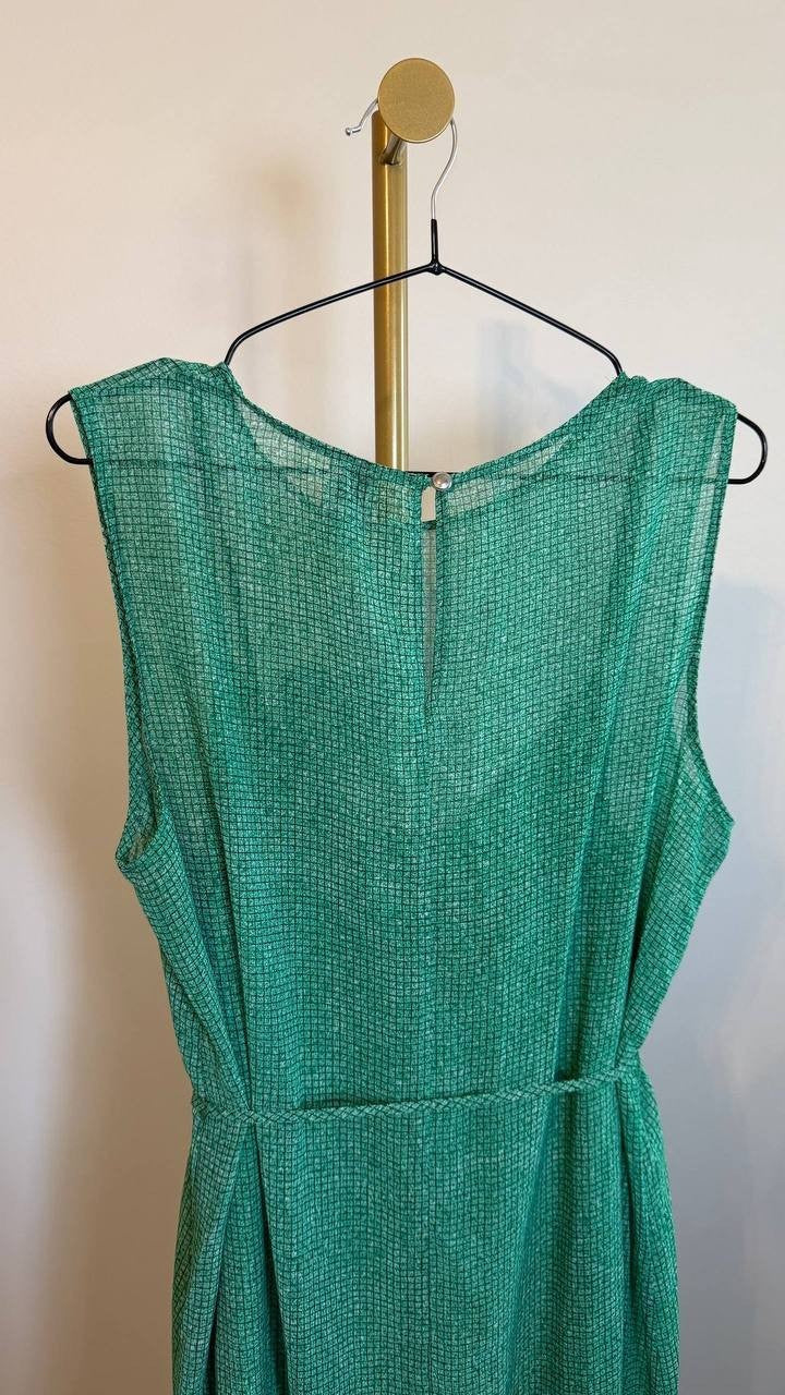 Calvin Klein Sleeveless Printed Chiffon Midi Dress Green Belted Lined Size L NWT
