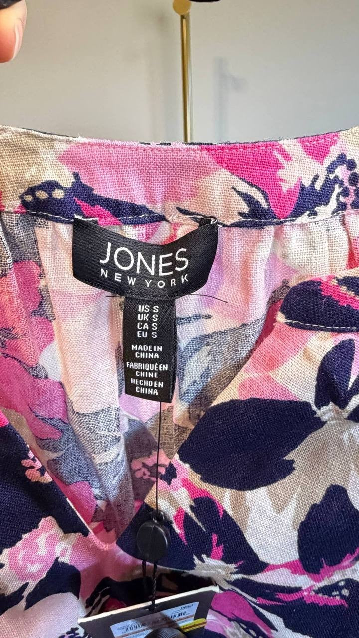 Jones New York V‑Neck Tie‑Sleeve Linen Blend Blouse White Multi S NWT $69.50