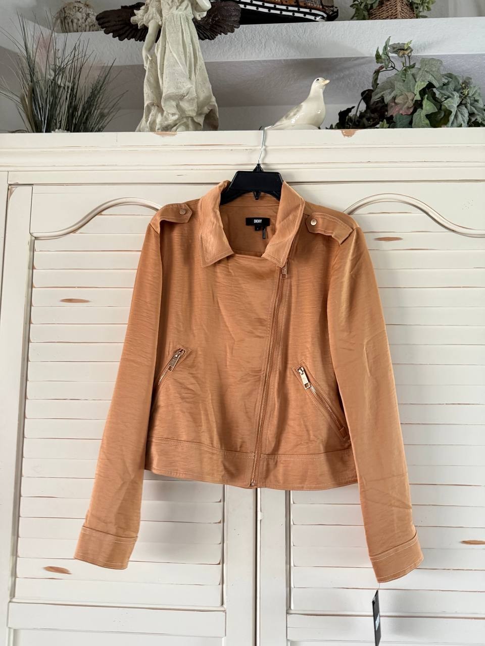 DKNY Moto Jacket – Size L – NWT – Brown Contrast Stitch Asymmetric Zip