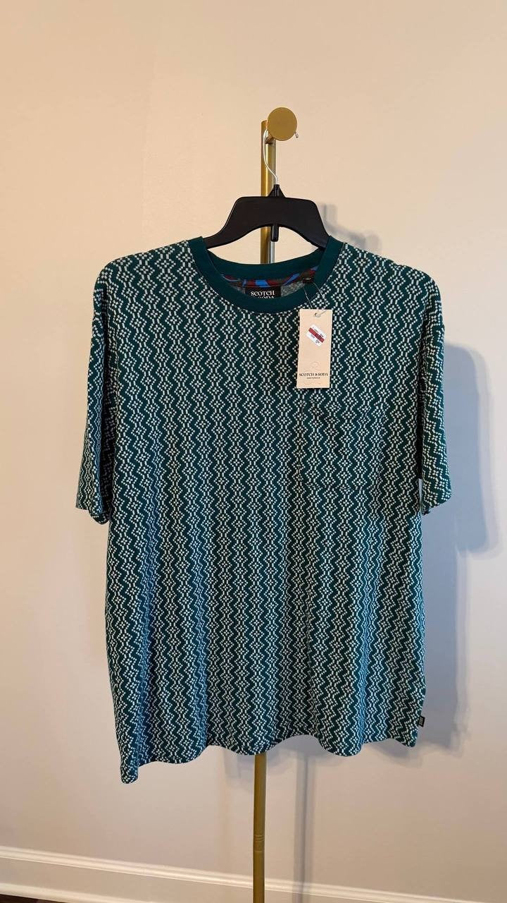 Scotch & Soda Men’s Jacquard Relaxed Fit T‑Shirt Retro Geo Green L $88 NWT