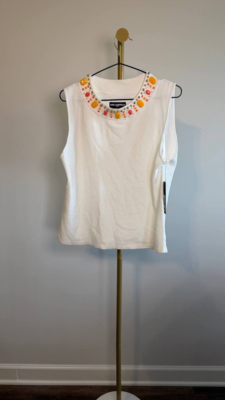 Karl Lagerfeld Paris Embellished Sleeveless Top White XL NWT $99