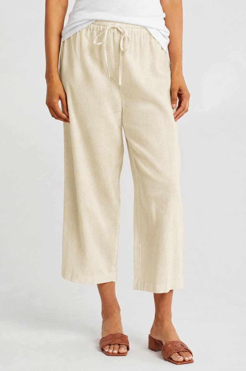 DKNY Pure Wide‑Leg Linen‑Blend Drawstring Pants Beige M NWOT $79
