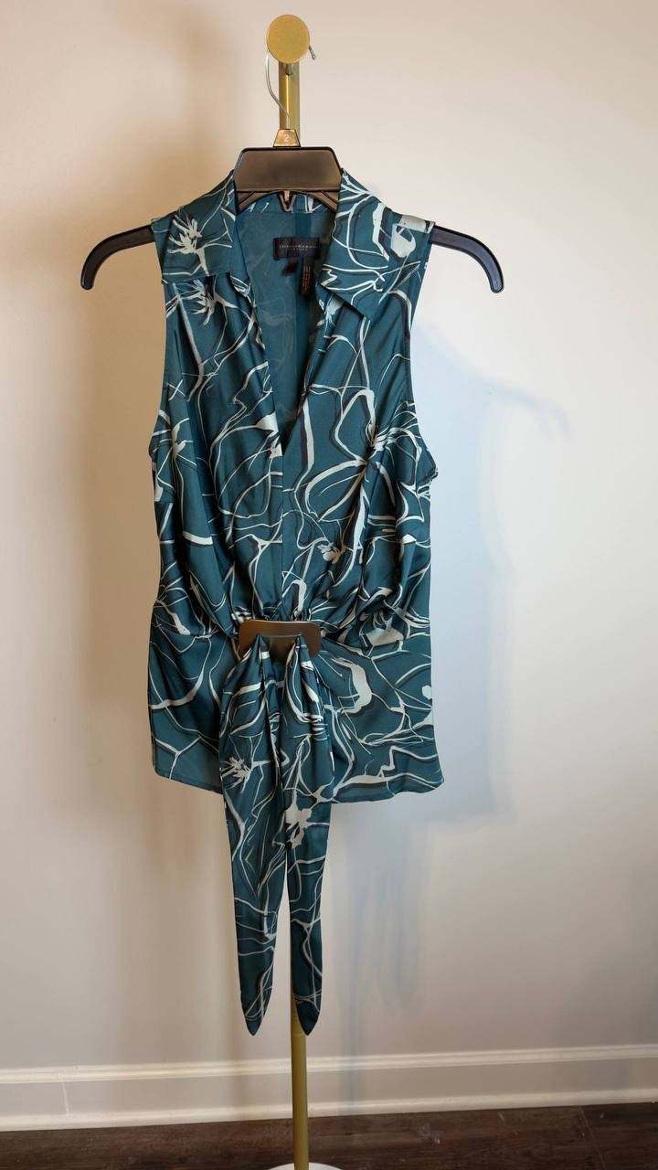 Donna Karan  Geometric Faux Wrap Sleeveless Top Green Multi 4 NWOT $109