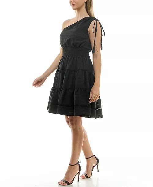 Taylor One‑Shoulder Seersucker Fit & Flare Dress –Black –Size M – NWT