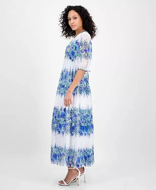 Taylor Printed V-Neck Smocked-Waist Dress Blue/Wisteria 6 NWT $139