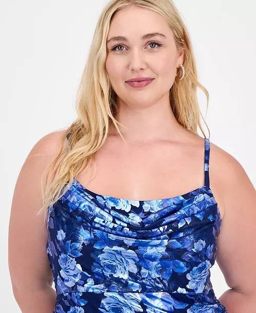 City Studios Plus Cowl‑Neck Foiled Floral Ruched Dress Navy/Royal 1XP NWT $79