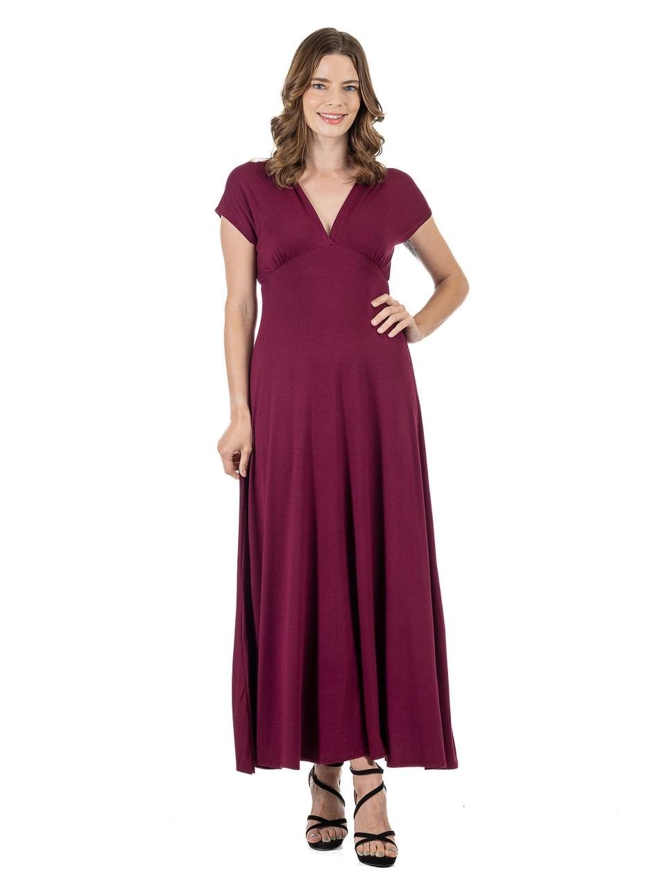 24Seven Comfort Apparel Women’s Cap Sleeve V‑Neck Maxi Dress Wine 1X $48.99 NWT