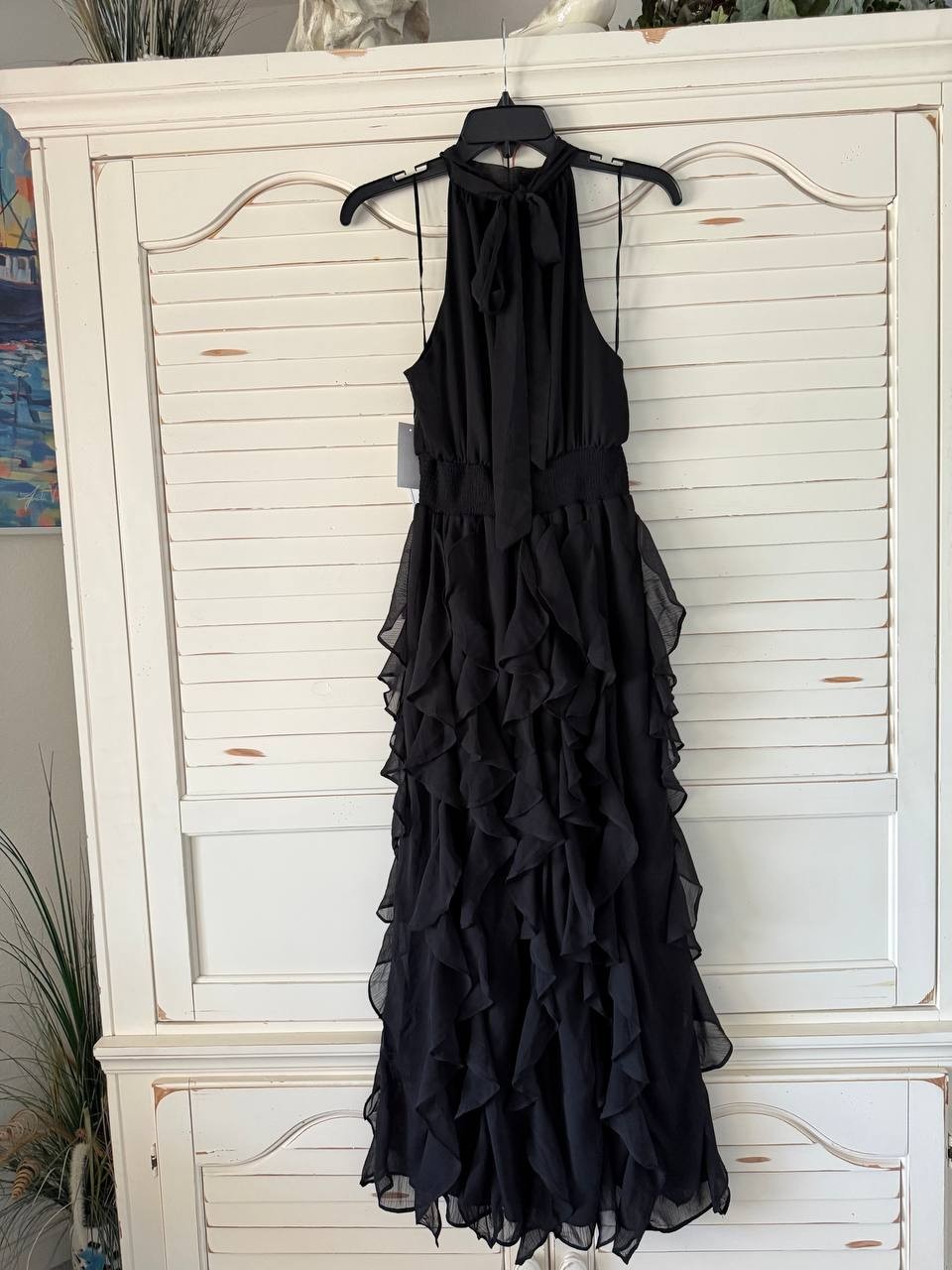 1.STATE Dress S Rich Black Halter Cascading Flounce Maxi Sleeveless Formal NWT