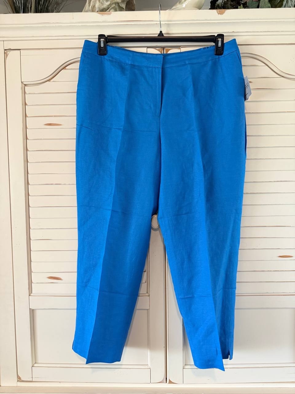 Kasper Pants 16W Blue Linen Blend Straight Leg Mid Rise Fly Front Career NWT