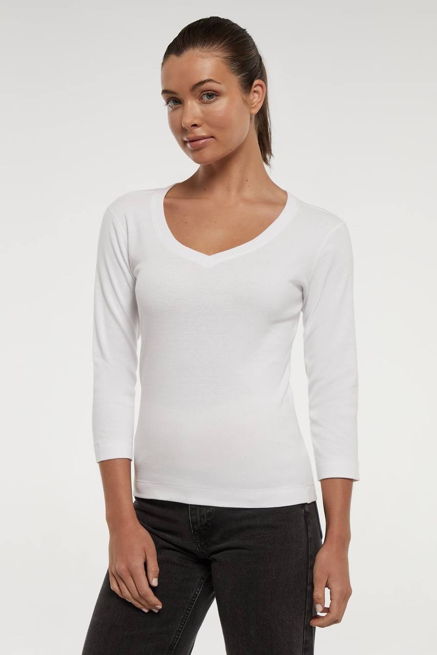 Three Dots Knit 3/4 Sleeve V‑Neck Tee White S NWT $46