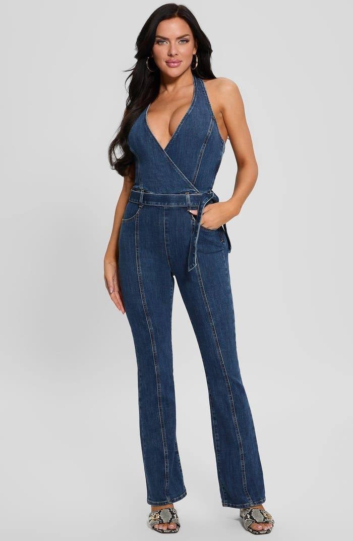 Guess Eco Claire Halter Neck Denim Jumpsuit William Size Mx32 NWT $188