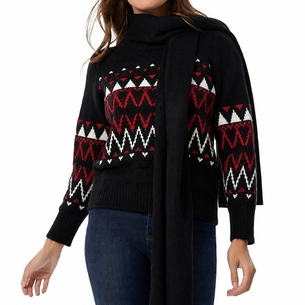 Jones New York Petite Fair Isle Sweater w/ Scarf Black Multi PXL NWOT $99.50