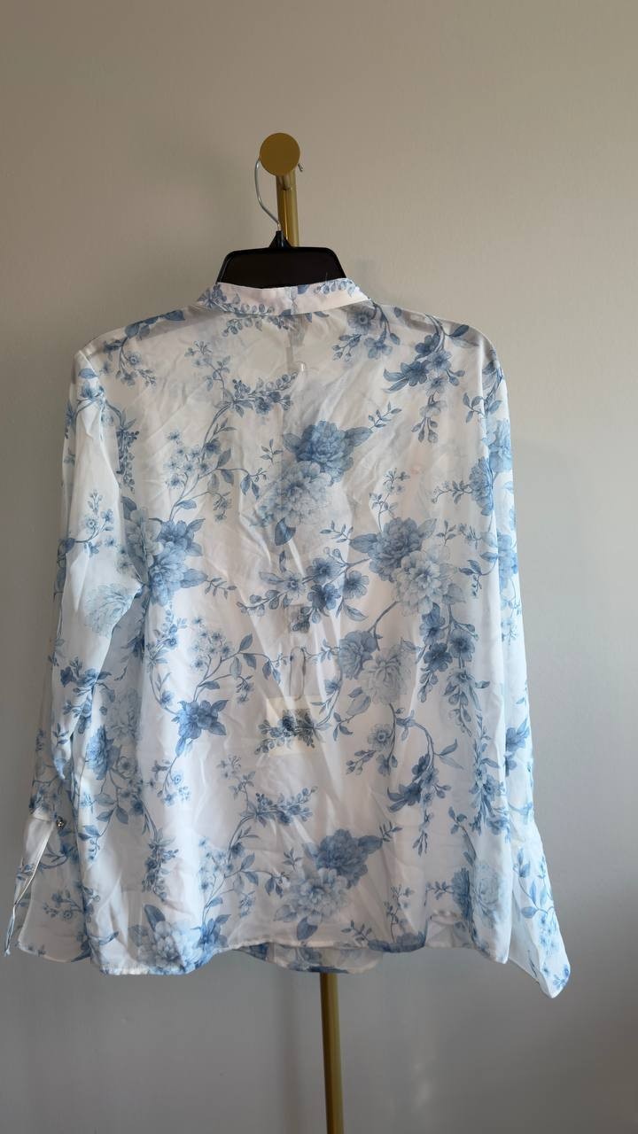 Anne Klein Floral Ruffle Tie‑Neck Blouse L White Multi NWT $99