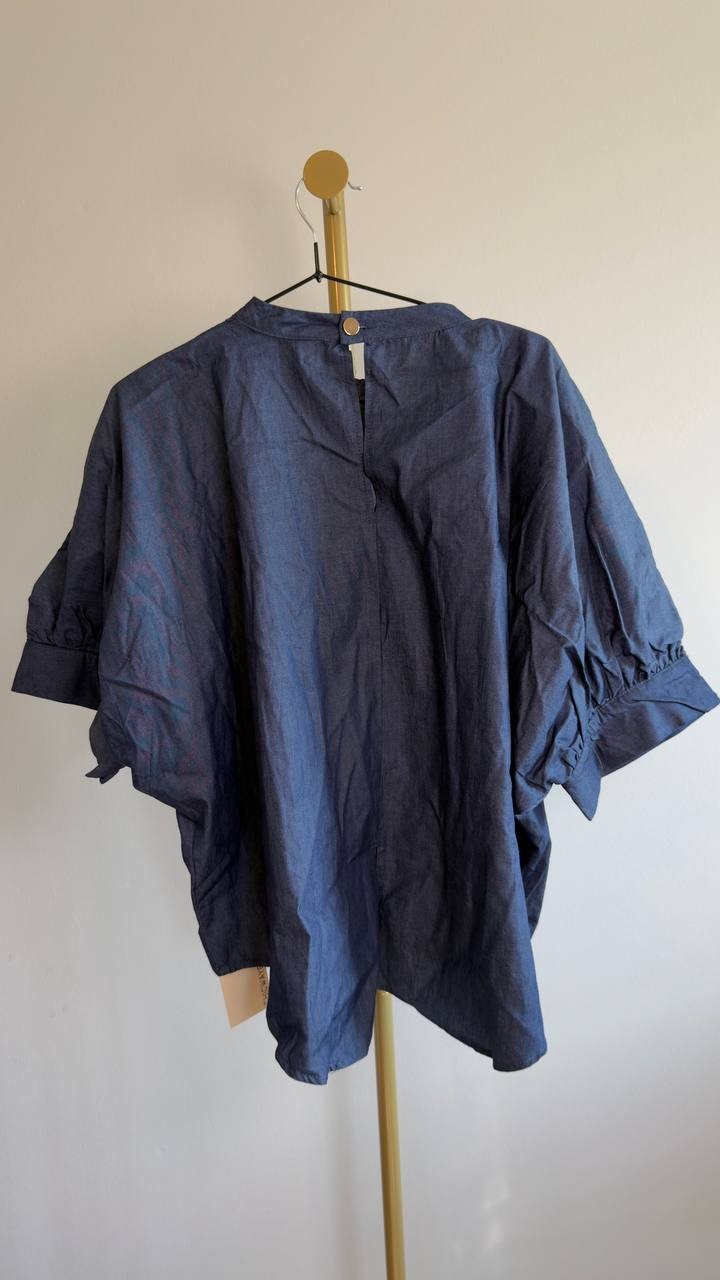 Chicways 3D Appliqué Puff‑Sleeve Denim Top XL Dark Denim NWT $69.99