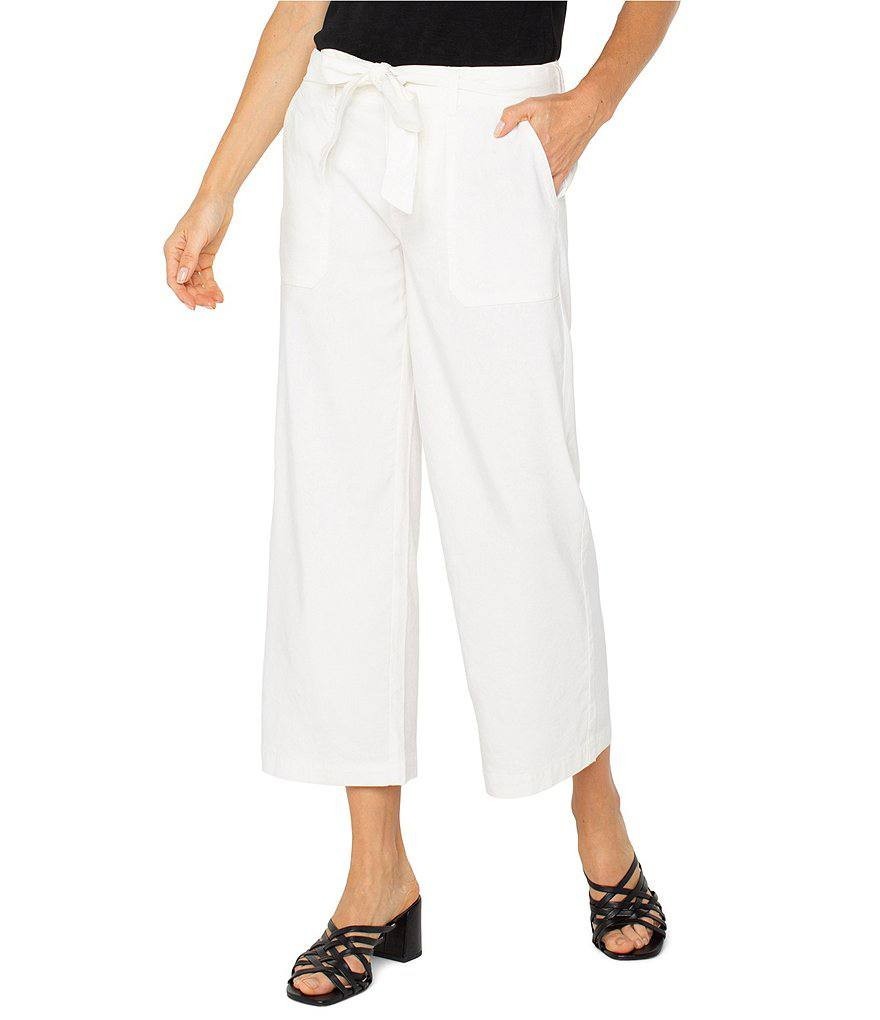 Liverpool Linen Blend Belted Wide-Leg Cropped Pants White, Size 14, NWT