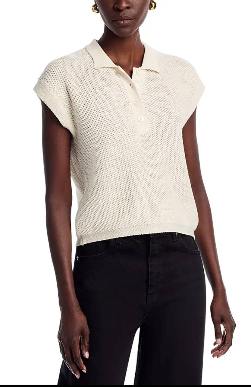 Majestic Filatures Knit Cap‑Sleeve Polo Top 4 Milk NWT $230