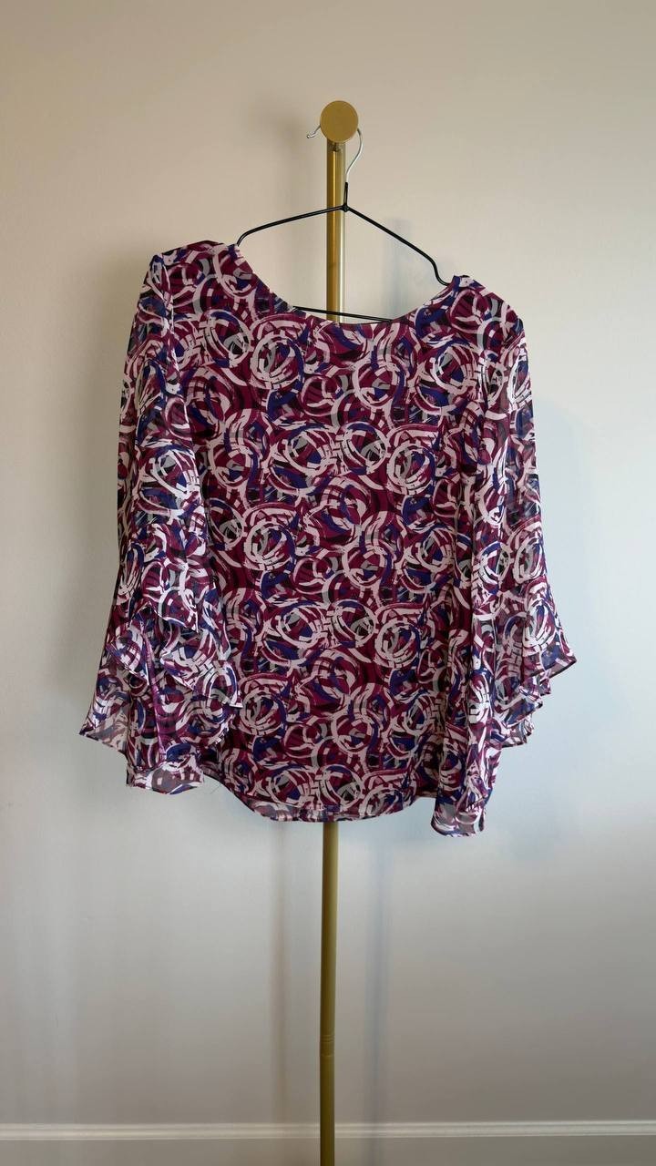 Kasper Flutter‑Sleeve Abstract‑Print Top Cerise Multi L NWT $69