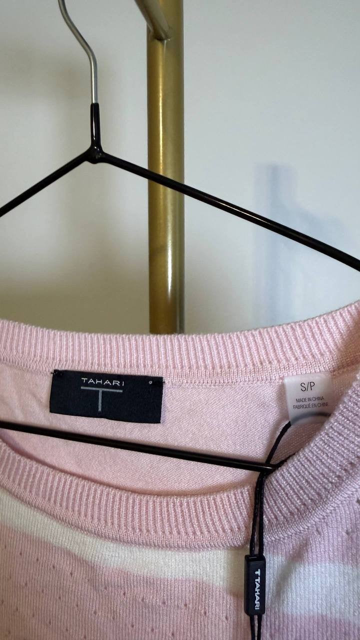 Tahari Striped Knit Sweater Light Pink White S/P $78 NWT