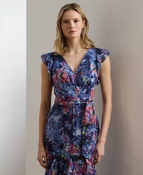 Lauren Ralph Lauren Print Ruffle Georgette Gown Blue Multi 2 NWT $325