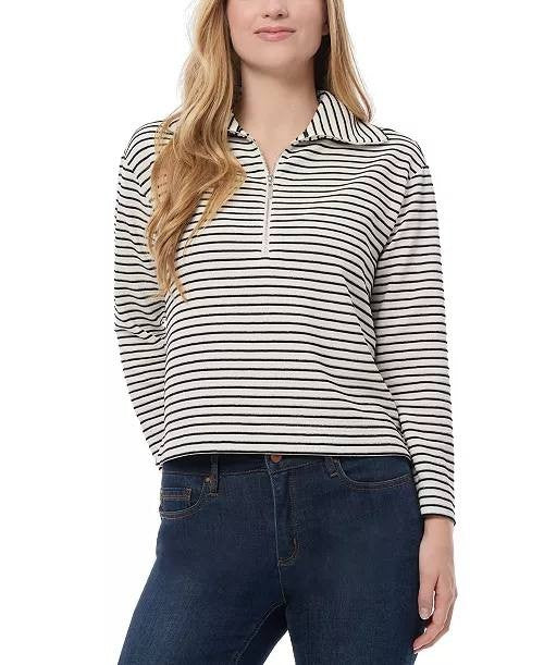 Jones New York Petite Metallic Striped Zip‑Neck Top Black/Silver L NWT $89.50