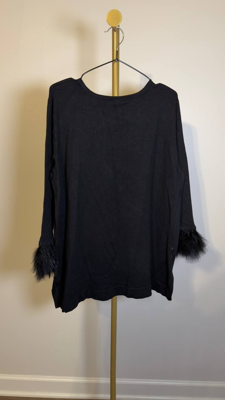 Anne Klein Crewneck Feather‑Trim Cuff Sweater Black L NWT $129