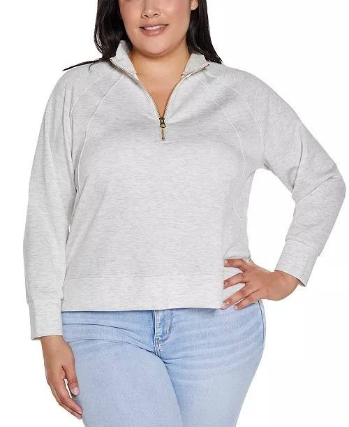 Belldini Plus Scuba Knit Quarter‑Zip Top Light Grey 2X NWT $49