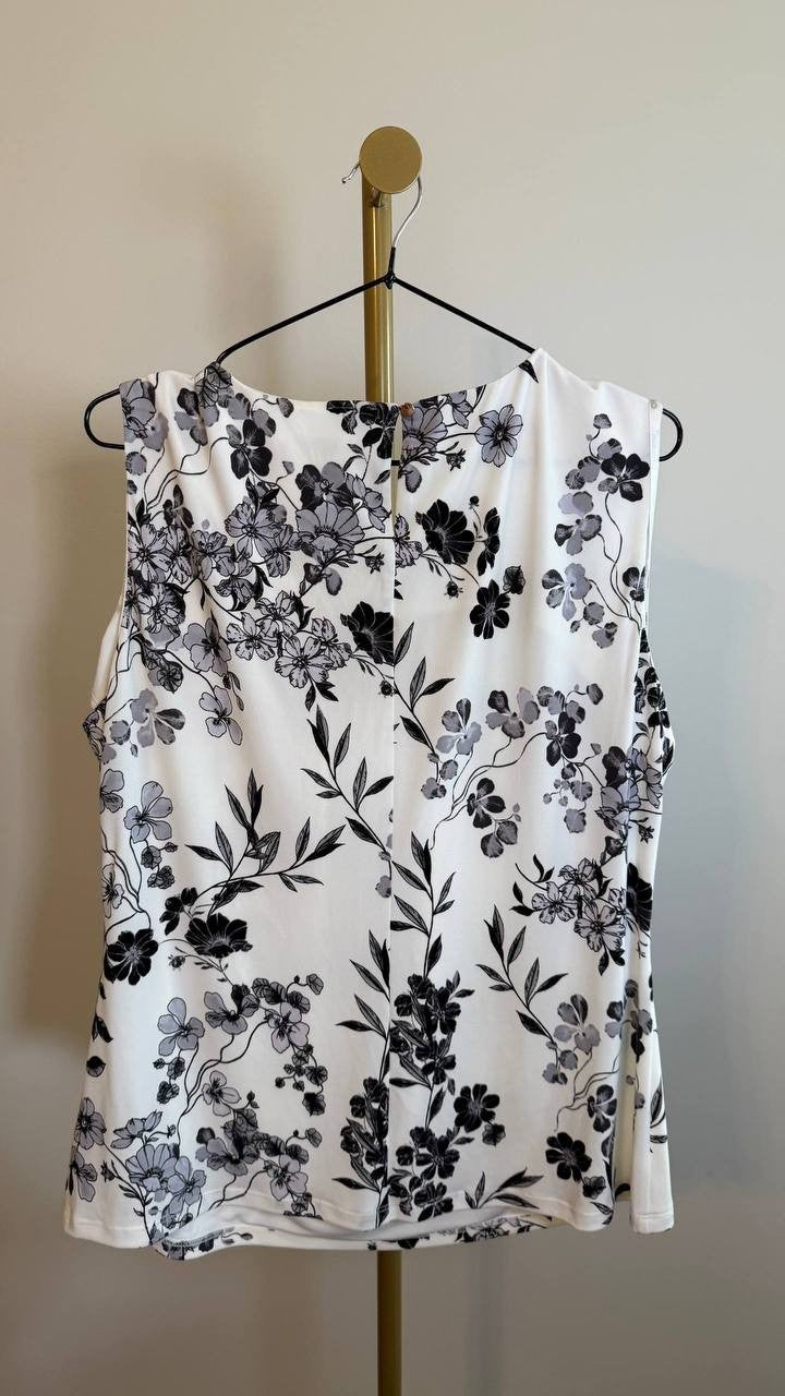 Calvin Klein Printed Pleat Neck Blouse Multi Keyhole Back SizeXL NWOT needs wash