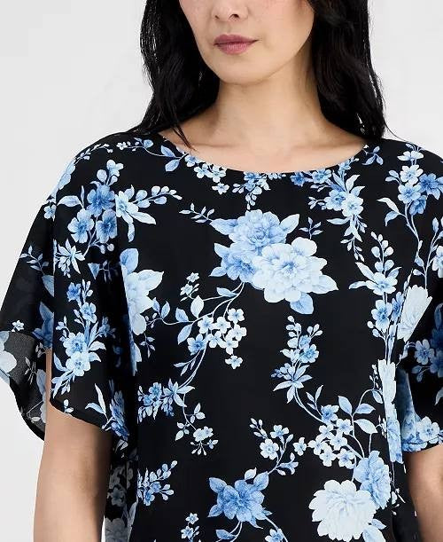 Anne Klein Boat‑Neck Flutter‑Sleeve Blouse Black Multi XL NWT $69
