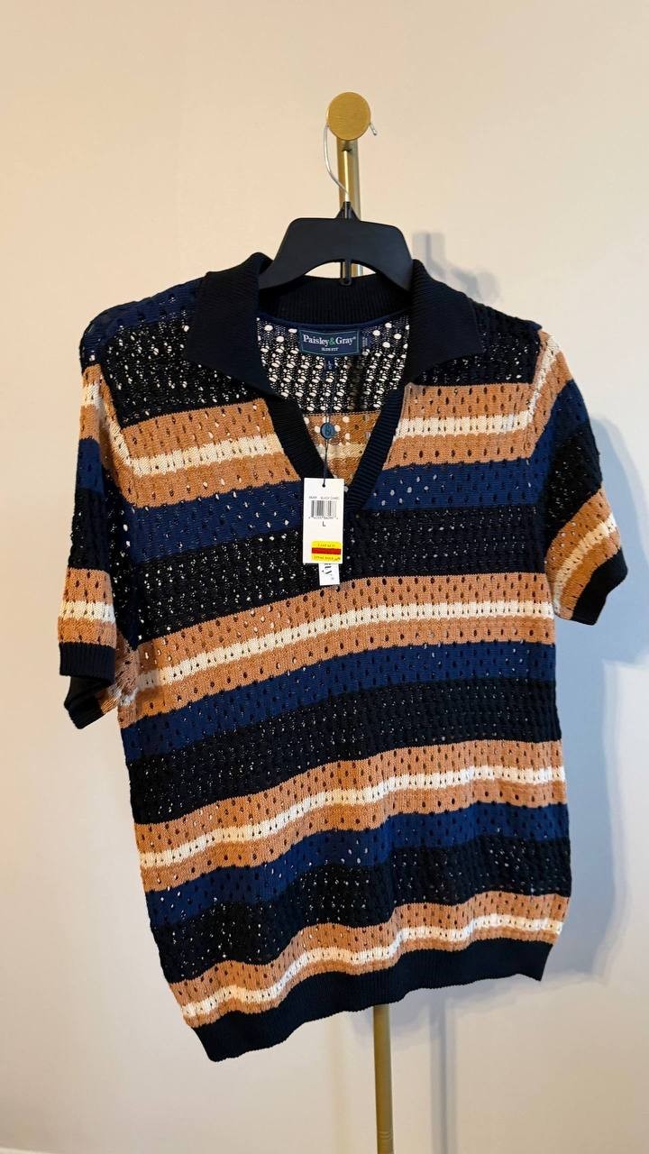 Paisley & Gray Men’s Slim Fit Open‑Knit Retro Stripe Polo Shirt L/G $110 NWT