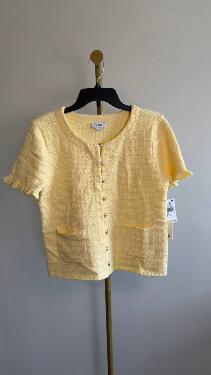 CeCe Crewneck Short‑Sleeve Cardigan Lemon Drop M NWT $79