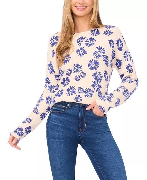 CeCe Flower Print Long‑Sleeve Crewneck Sweater Birch XL NWT $79