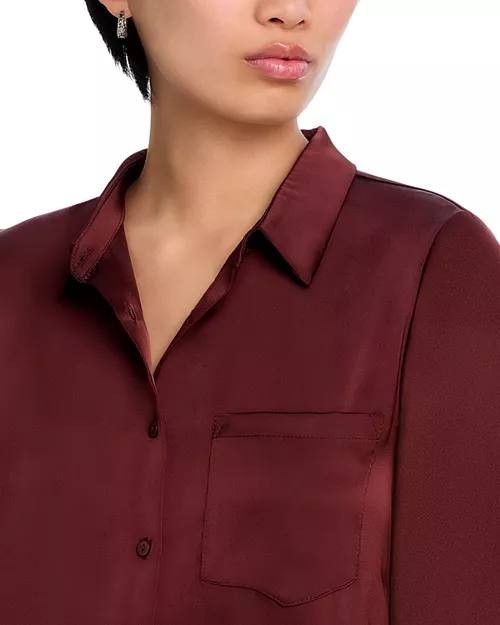 AQUA Satin Button Front Blouse Dark Cherry Size XXS NWT $78 – Chic Office Style