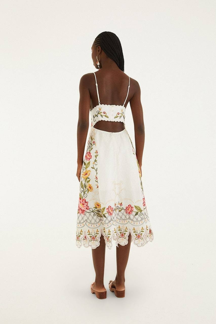 FARM Rio Off‑White Flower Embroidery Asymmetric Hem Midi Dress L NWT