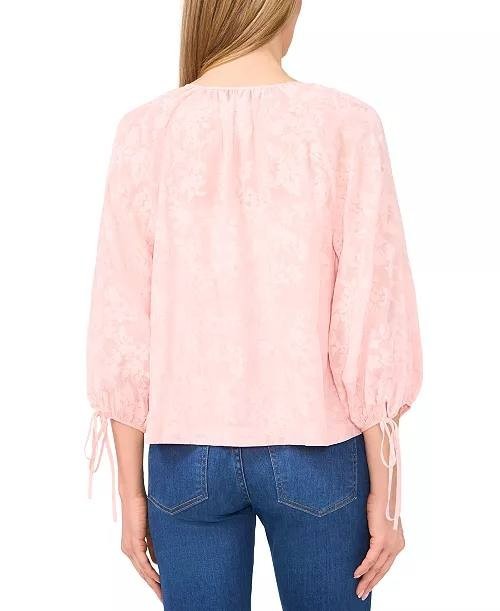 CeCe Blouse L Sugar Peach Floral Lace Puff Sleeve Button Front Feminine NWT