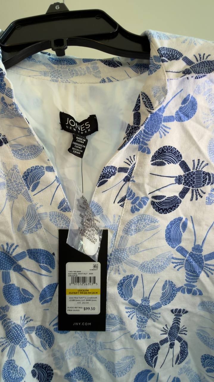 Jones New York Collared Linen‑Blend V‑Neck Dress PM Natural White Multi NWT $99