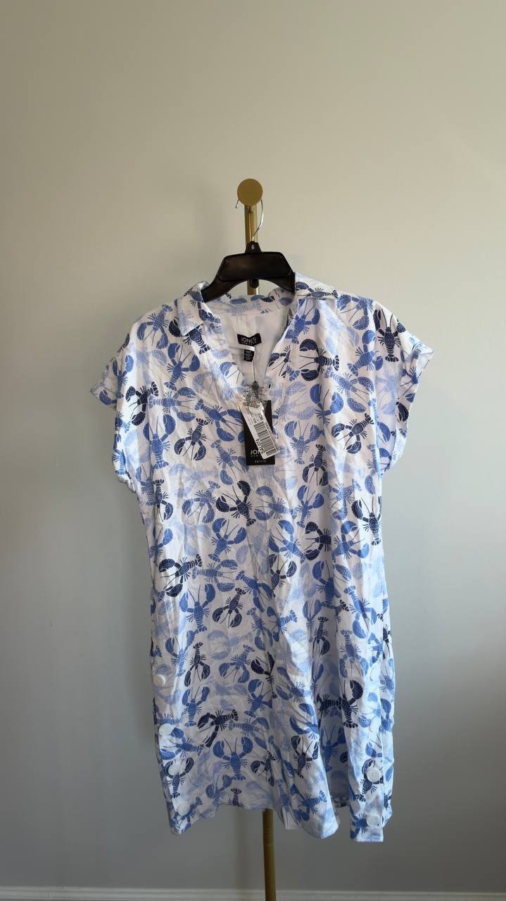Jones New York Collared Linen‑Blend V‑Neck Dress PM Natural White Multi NWT $99