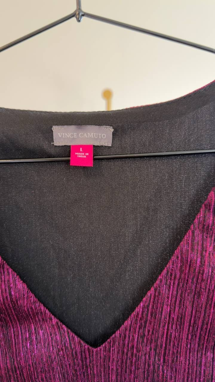 Vince Camuto Metallic Blouson V‑Neck Top Rich Purple L NWT $79