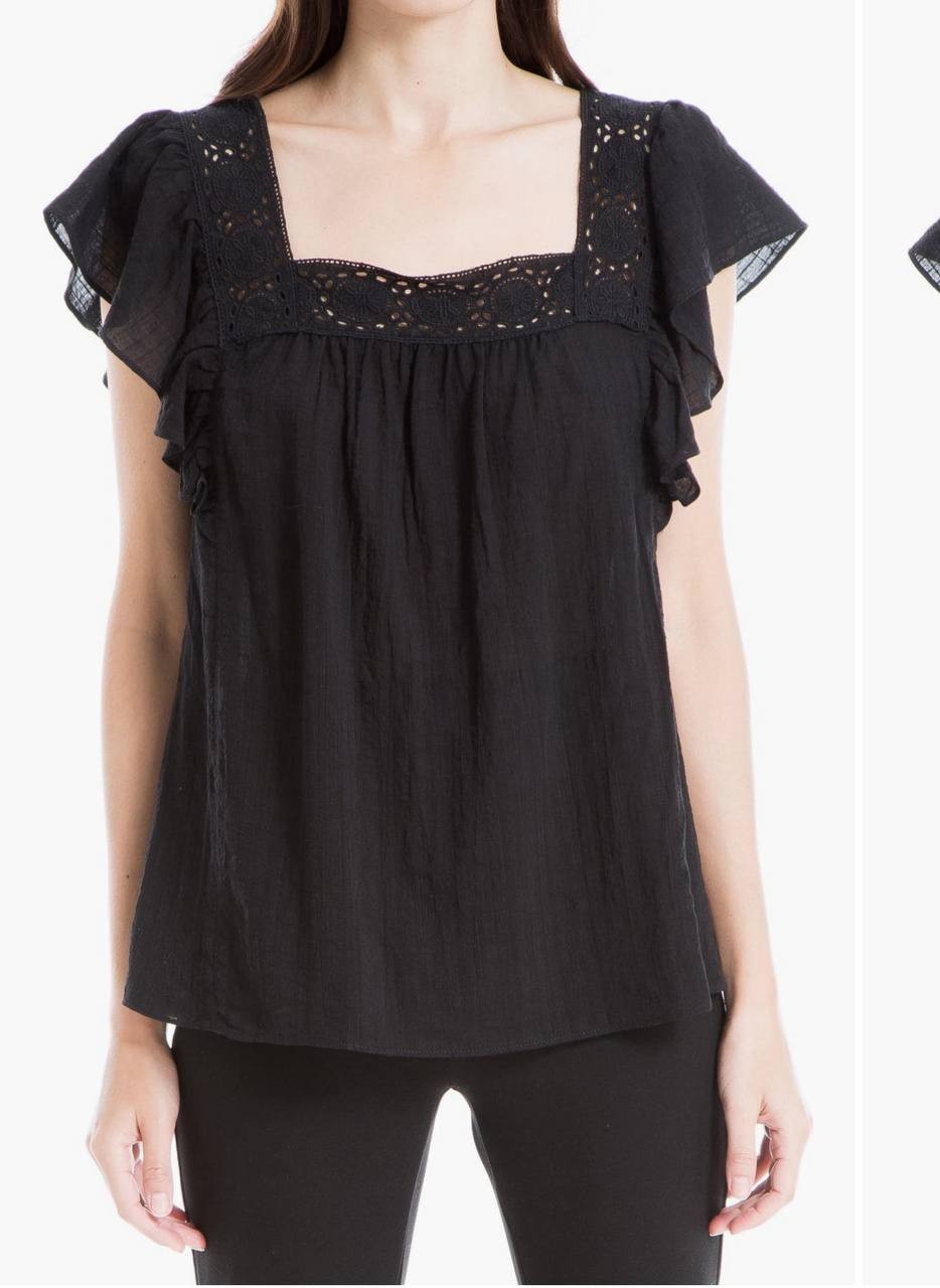 Max Studio Black Blouse with Flutter Sleeve &amp; Square Neck Women's M NWT