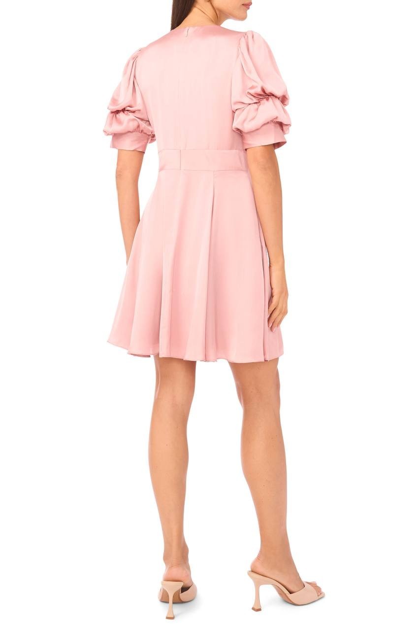 1.STATE Bubble Sleeve V‑Neck Fit & Flare Dress Light Pink L NWT $89
