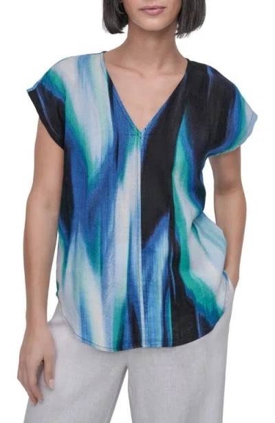 DKNY V-Neck Linen Top Caribbean Multi Size M NWT $69