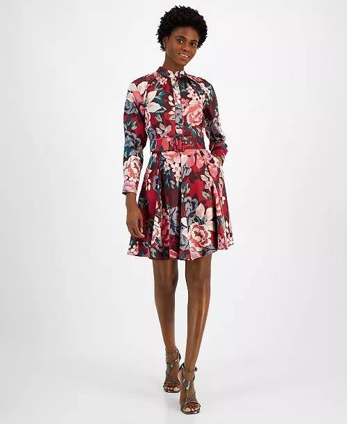 Tahari ASL Women's Red Floral Mock Neck Long Sleeve Belted Dress Size 12