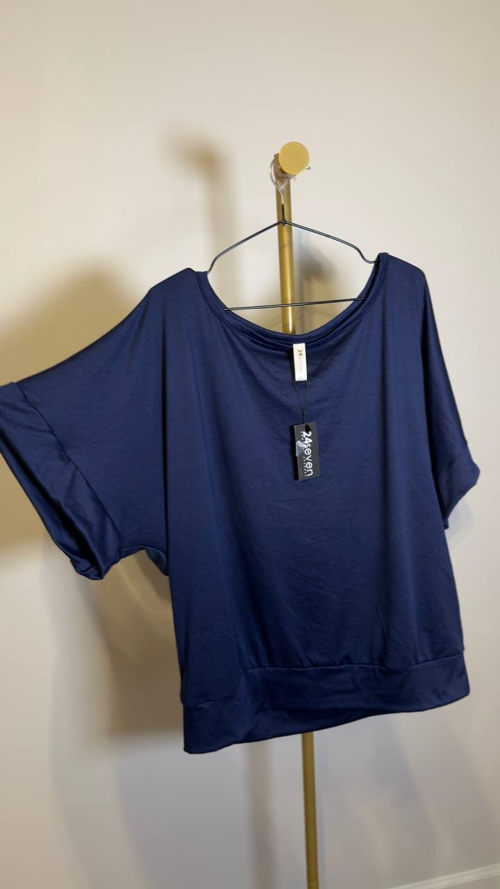 24seven Comfort Apparel Loose Fit Dolman Wide Sleeve Top Navy XL NWT $50