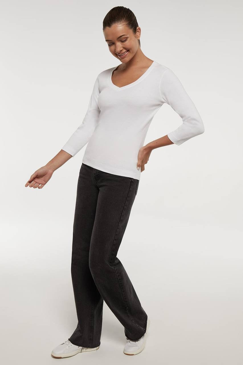 Three Dots Knit 3/4 Sleeve V‑Neck Tee White S NWT $46