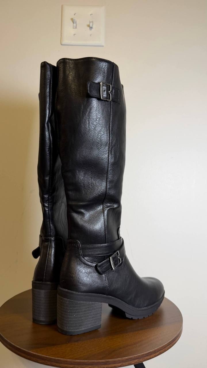 Dr. Scholl’s Prairie Riding Boots 7.5M Black Synthetic Block Heel NIB msrp $160