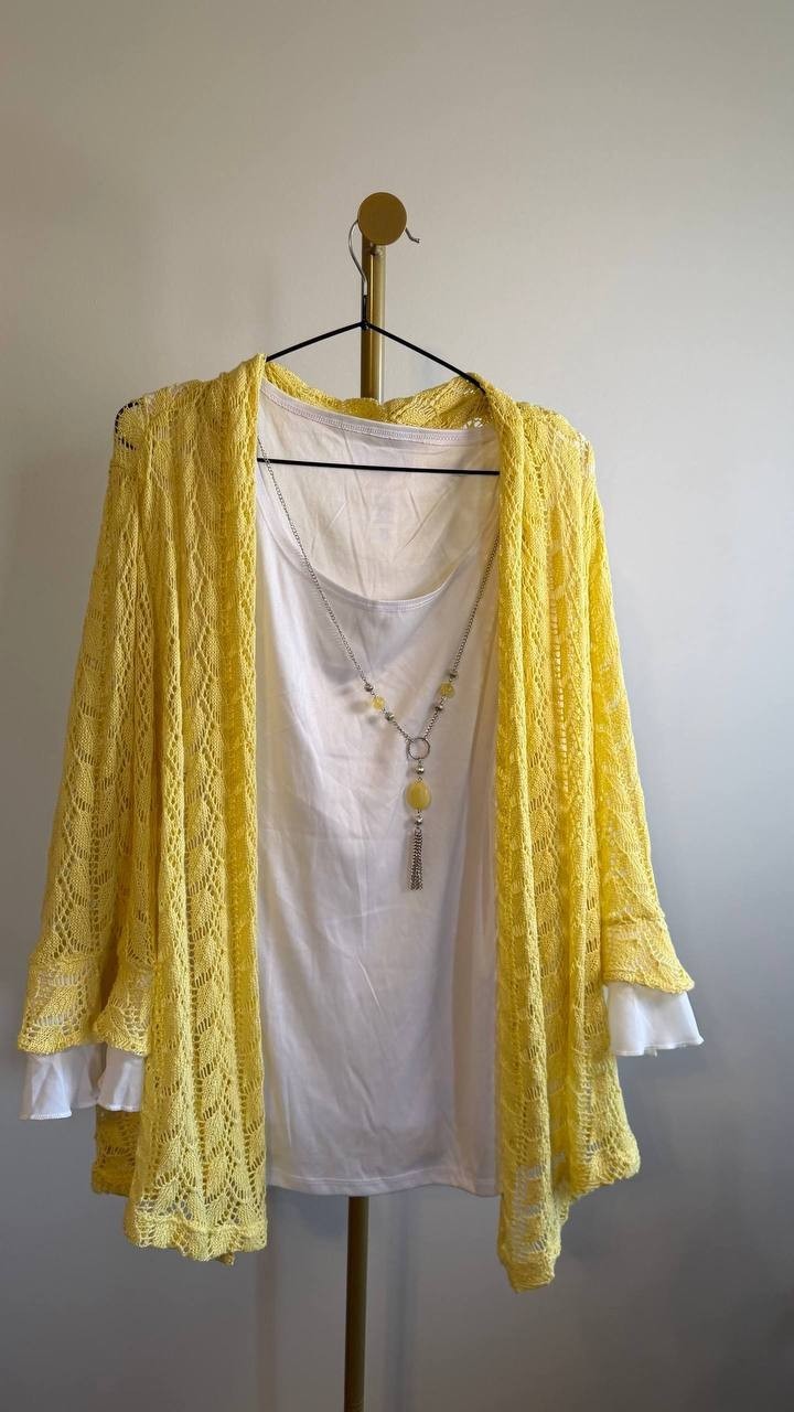 Alfred Dunner Women’s 2‑in‑1 Pointelle Knit Top Yellow White 2X $79.50 NWT