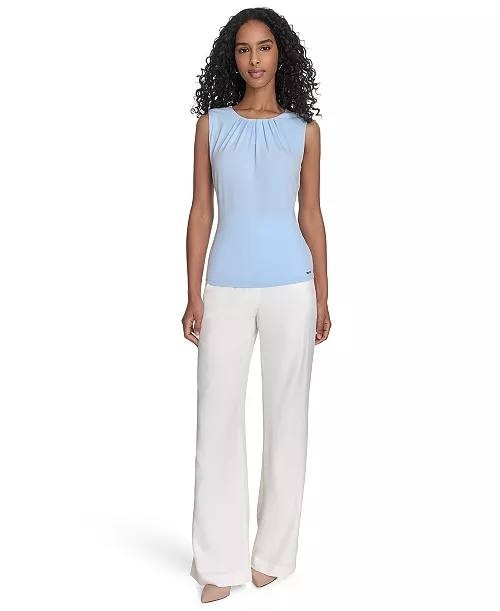 Calvin Klein Top S Light Blue Pleated Neck Sleeveless Career Blouse Workwear NWT