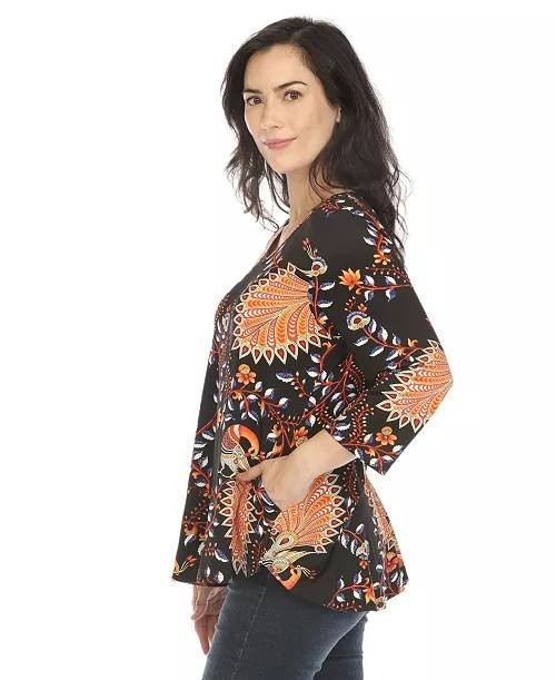 White Mark Vibrant Boho Swing Top V‑Neck Paisley Black L NWT $54