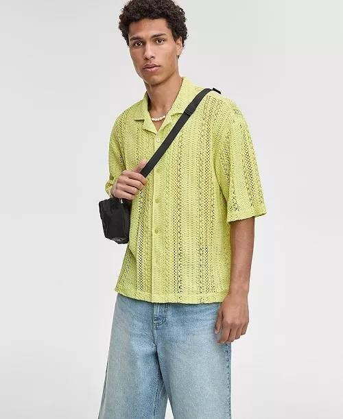 Mode of One Men’s Relaxed‑Fit Textured Crochet Button‑Down Camp Shirt XL $49.50